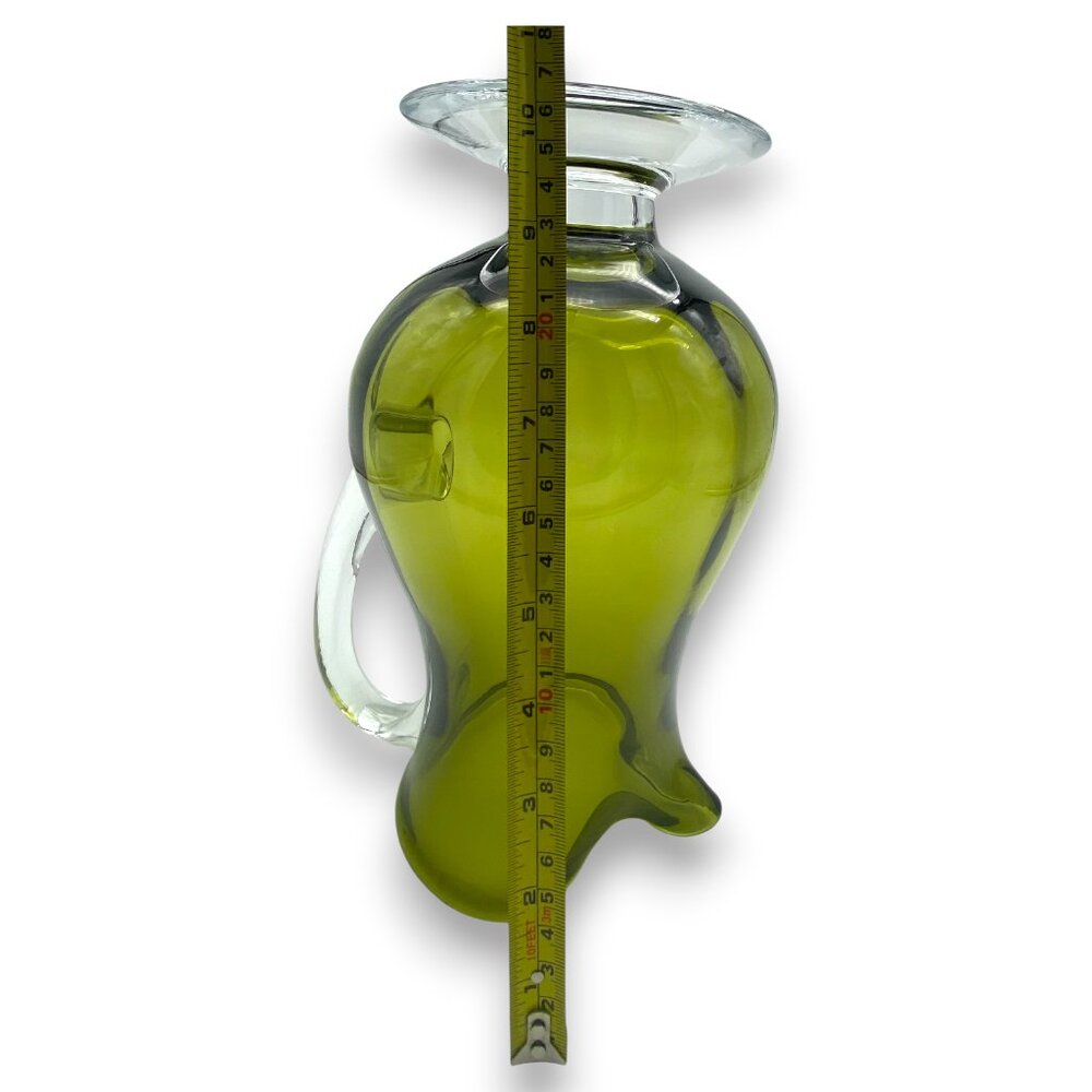 Vintage Avocado Green Art Glass Pitcher Pedestal Base Applied Handle MCM - Picture 11 of 11